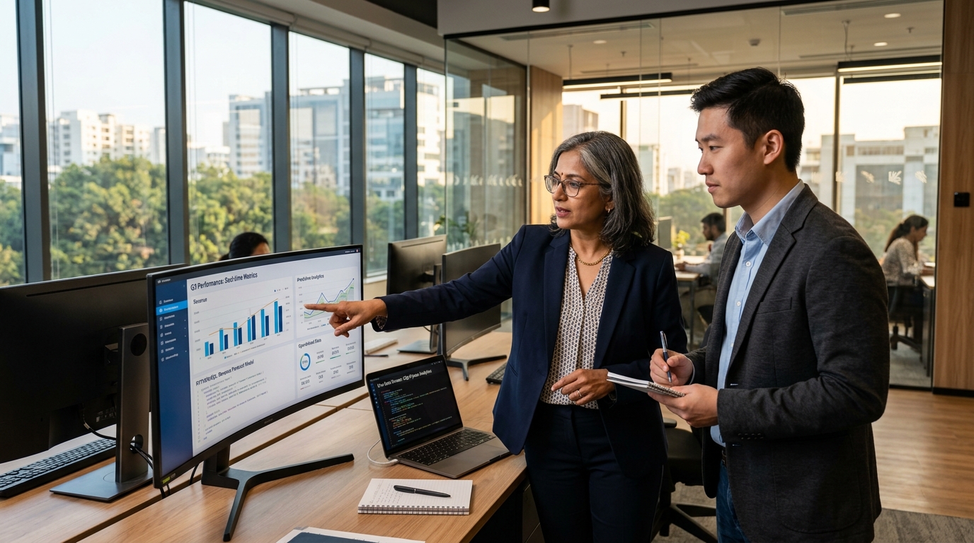 Business Analysts and AI Specialists collaborating in technology center